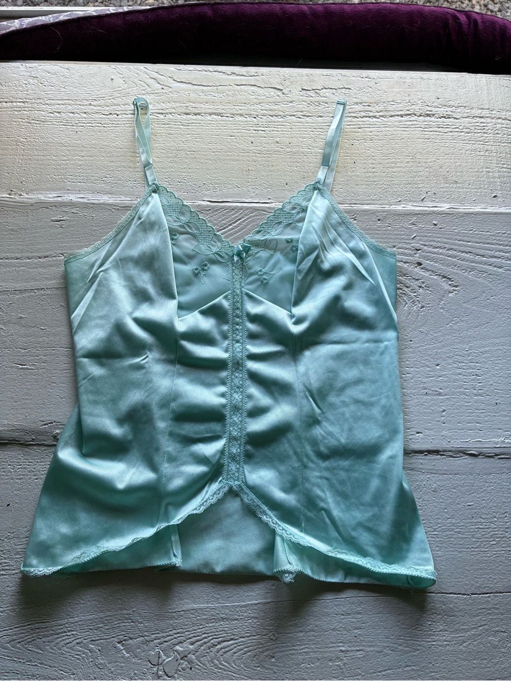 Vanity Fair Aqua Satin Lace-Trim Camisole 70s/80s